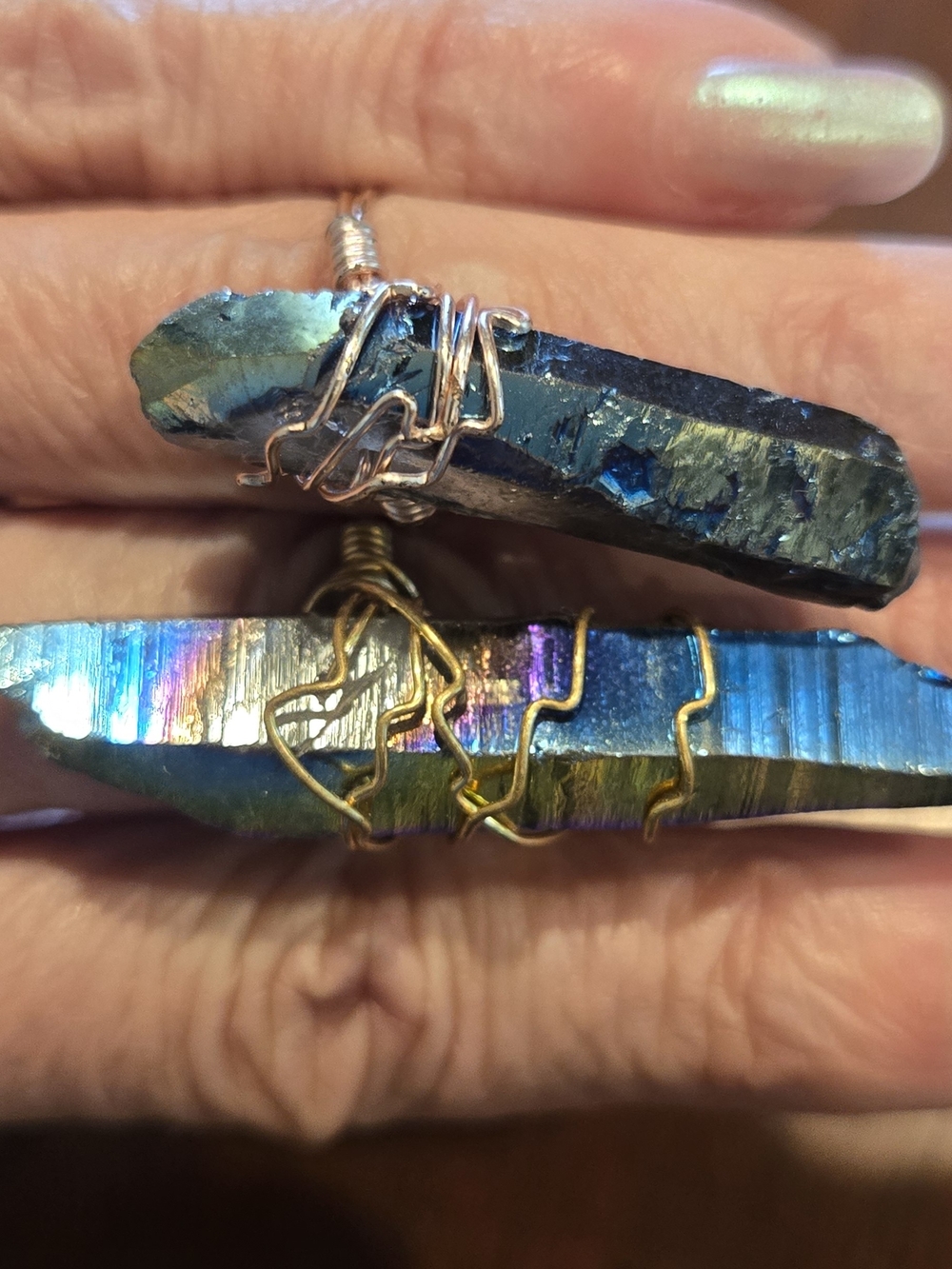 2 Iridescent Blue Titanium Quartz Wire-Wrapped Pendant